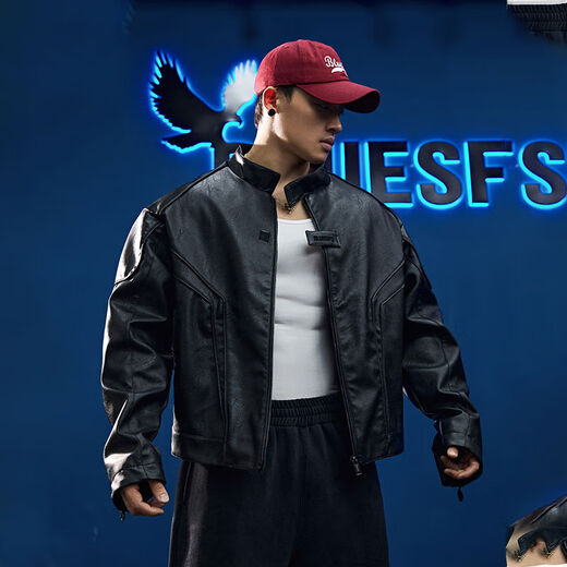 American leather jacket for men, handsome silhouette, exoskeleton, three-dimensional cutting, deconstructed zipper motorcycle, black M M