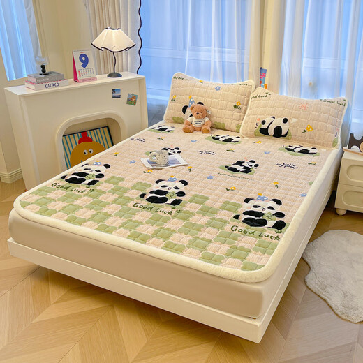 Red bean thickened and velvet milk velvet mattress soft cushion tatami floor mat mattress coral velvet sheet children's bed cover bed blanket Green Check Panda thickened velvet 180x200cm three-piece set mattress + pillowcase *2