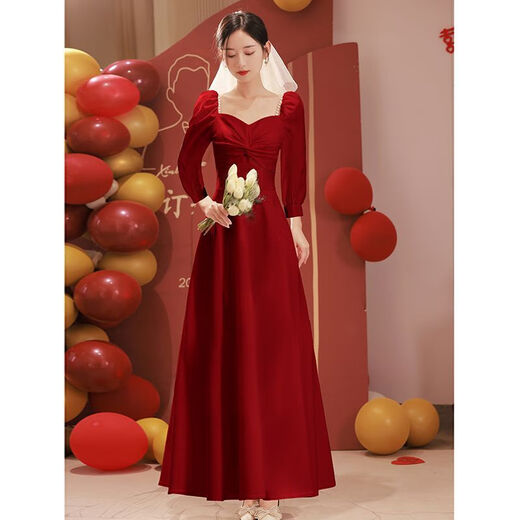 Miaomiaoxi long-sleeved toast dress bride 2025 new autumn and winter engagement home dress can be worn at ordinary times temperament burgundy for women red L