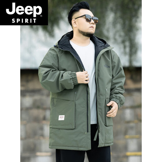 JEEP SPIRIT2026 new autumn and winter outdoor workwear style mid-length hooded windbreaker men's loose plus fat plus size velvet jacket military green plus velvet XL