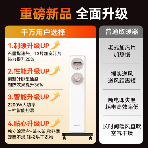 Gree (GREE) 2025 blockbuster new product home heater 13-piece widened sheet graphene electric oil heater anti-scalding fast heating humidification drying electric oil heater NY25-J6022-M