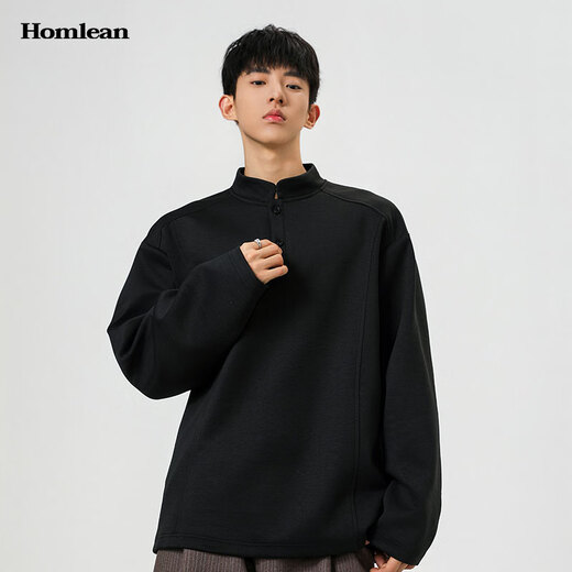 Homlean American Polo Henry shirt men's long-sleeved T-shirt autumn top with casual men's base sweatshirt JC-T24555 black M (recommended 85-100Jin Jin equals 0.5 kg)