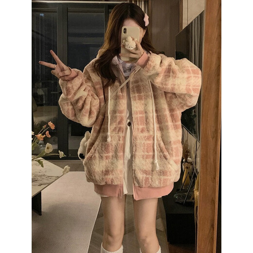 Jingdomeng thickened small fragrance lamb plush jacket for women 2025 autumn and winter new style unique and good-looking soft and waxy cotton-padded clothes pink L (110-120)