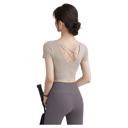 VOJ Yoga Wear Women's New Style Short-Sleeved Sports Fitness Pilates Training Wear with Breast Pads Women's Tops and Beautiful Back Set Ginkgo Super Stable Cup S Recommended Weight 95Jin Jin is equal to within 0.5kg