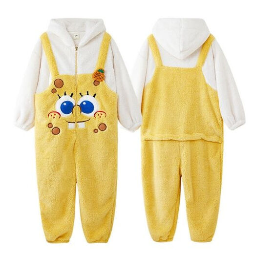 Sunayue SpongeBob SquarePants pajamas, the same style for male and female couples in autumn and winter, one-piece pajamas that can be worn outside, warm and cute home clothes, SpongeBob SquarePants straps style thickened S Height 145-155