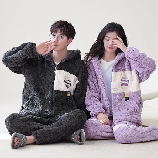 Victoria's style new autumn and winter thickened flannel couple pajamas for one man and one woman for women warm coral velvet home wear set 152 couple M female + male L