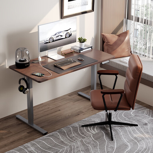 Lege electric lift computer desk office study desk rubber wood black walnut color E2-1.4m with plug strip