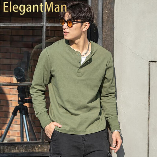 ElegantMan American Retro Henley Long Sleeve T-Shirt Men's 250g Cotton Side Seamless 2025 Winter Henley Collar Bottoming Shirt Green_ 250g Heavy Cotton S _Reference-125Jin Jin is equal to 0.5 kg