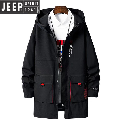 JEEP SPIRIT外套男士2025秋冬季加绒加厚保暖中长款风衣冬季潮牌防风连帽夹克 黑色 2XL