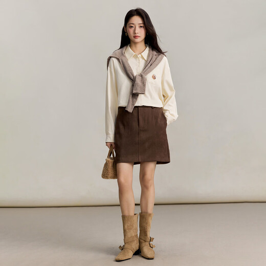 INMAN pure cotton simple commuter long-sleeved shirt for women 2025 autumn loose and versatile casual embroidered corduroy shirt beige S