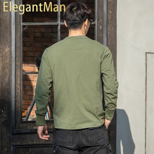 ElegantMan American Retro Henley Long Sleeve T-Shirt Men's 250g Cotton Side Seamless 2025 Winter Henley Collar Bottoming Shirt Green_ 250g Heavy Cotton S _Reference-125Jin Jin is equal to 0.5 kg