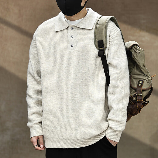 Gu Xiansen American button lapel sweater for men in autumn and winter new POLO Henry collar bottoming shirt thickened knitted sweater for men Khaki M 110-130Jin Jin is equal to 0.5 kg