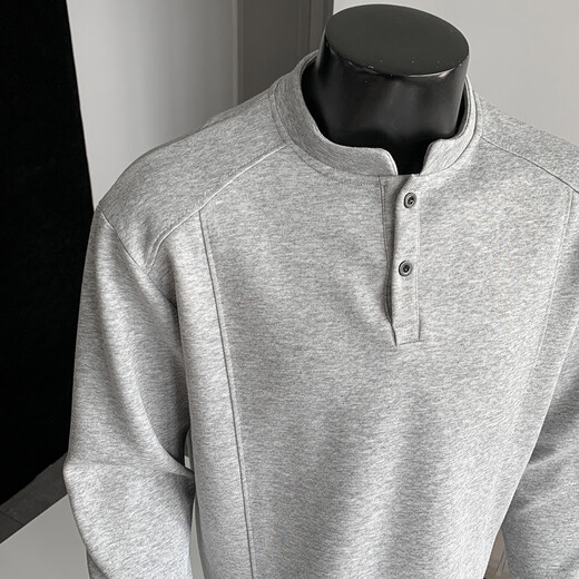 Homlean American Henry collar long-sleeved T-shirt men's autumn new loose shoulder casual polo shirt HB98 light gray 4XL