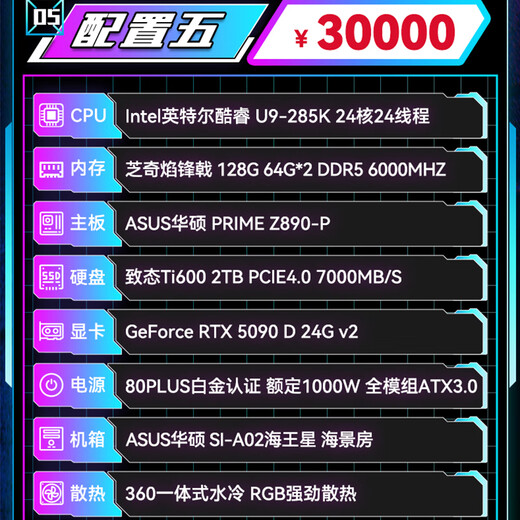 ASUS i7 14700KF RTX5070ti 5060ti Neptune SIA02 chassis AI rendering design assembly computer live broadcast e-sports game DIY host U9 285K+RTX5090 | Configuration five