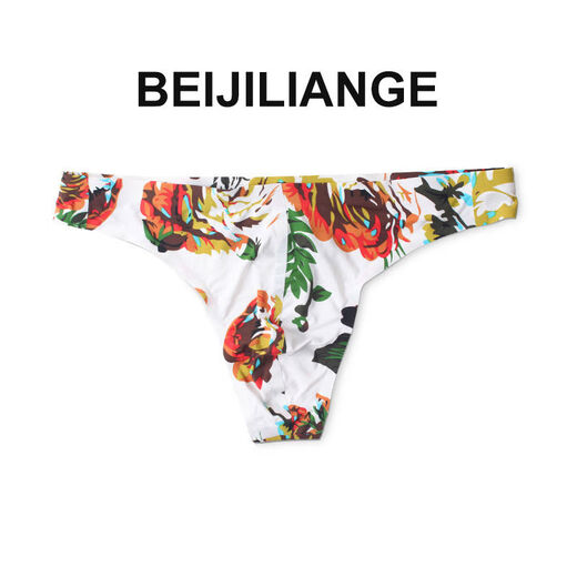 Men's sexy underwear thong single thong low-waist fashion printed ice silk seamless fit U convex design men's T-pants Music M