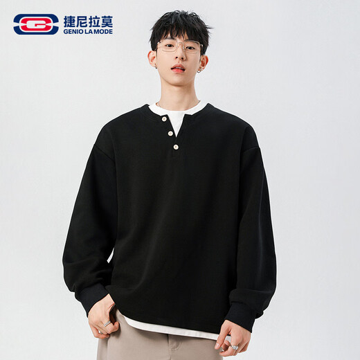 Black sweatshirt men's fall fake two-piece contrasting color bottoming shirt Korean style Henry collar top black M