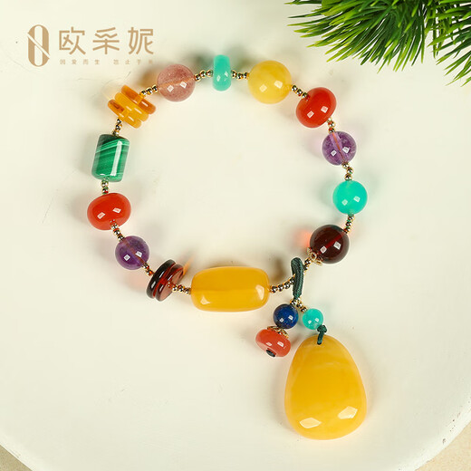 OUCERNY Beeswax Duobao Bracelet Blood Amber Amethyst Southern Red with Amber Water Drop Pendant Bracelet Beeswax Women's Heart Color