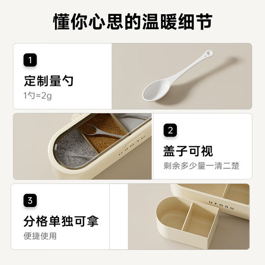 OIMG seasoning box set four-in-one with spoon household kitchen moisture-proof flip-top large compartments without flavor condiment box condiment box cream white-new style