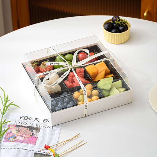 Zhiduosao four-piece fruit box fresh fruit cut packaging box four-grid fruit platter disposable paper-plastic packaging box with lid white-medium-four-grid free folding box (set of 5)