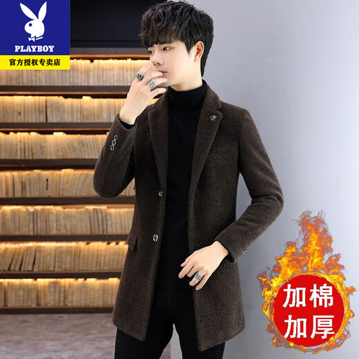 Playboy Woolen Coat Men's Autumn and Winter Korean Slim Windbreaker Men's Mid-Length Cotton and Thickened Mink Woolen Coat Men's Gray Cotton and Thickened XL
