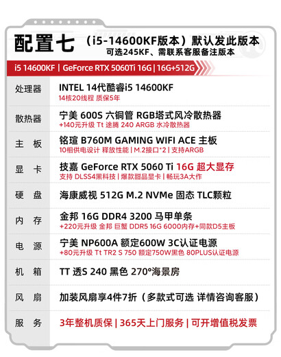 Ningmei Country Dragon Soul 14th Generation i5 14600KF/RTX5060Ti E-sports Game Black Myth Wukong Desktop Computer Host Design Rendering DIY Assembly Computer 14600KF+5060Ti | Configuration Seven All Series Selected High-Spec Materials