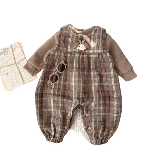 WONST 25 Infants and Toddlers Vintage Plaid Overalls Woolen Suit Autumn and Winter New Baby Plush Jumpsuit Two-piece Set Woolen Brown Plaid 66cm One Size
