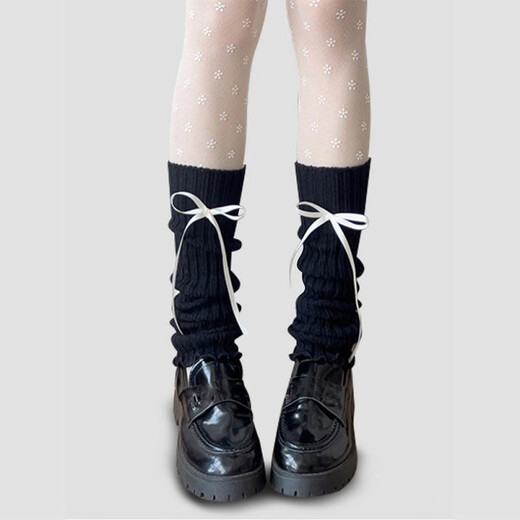 Shiganu long bow knitted socks for women autumn and winter thickened leg warmers black long pile socks jk Japanese socks black socks 40cm + white bow