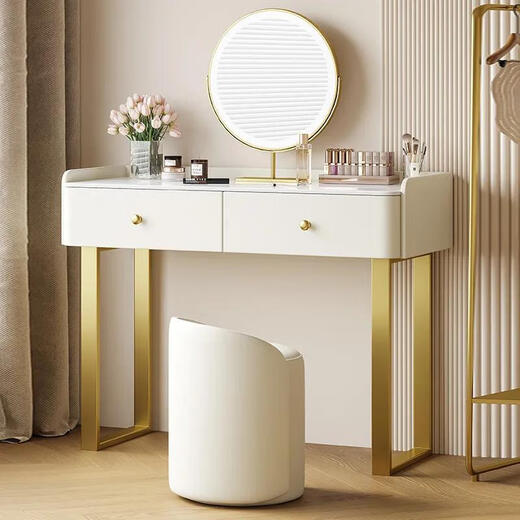 Chugouxiang's new light luxury combination solid wood dressing table, bedside storage cabinet, integrated women's bedroom, modern cream style makeup table, smart mirror - silicone leather - solid wood frame, counter, stool mirror, complete set, length 80cm