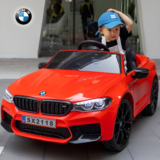 Haolaixi BMW children's electric car four-wheel car remote control toy car can sit and stand adults and children with swing baby stroller, top with blue + adult standing plate + remote control swing + soft wheel leather seat + push rod + Bluetooth