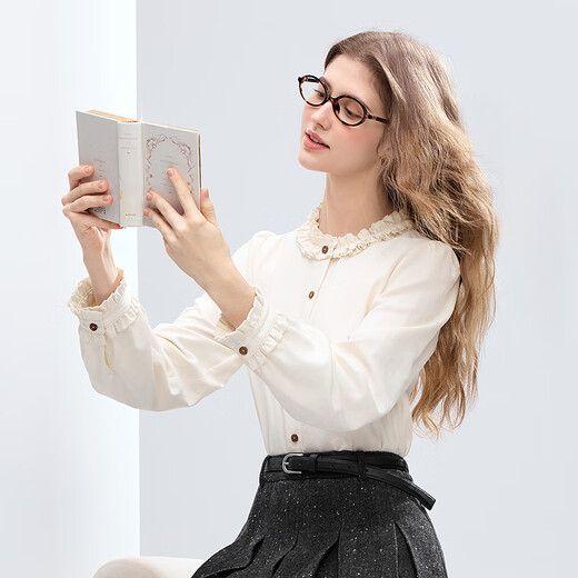 Betu women's 2025 winter new shirt ruffle collar contrasting buttons sweet age-reducing commuting top 2511T60 light apricot M