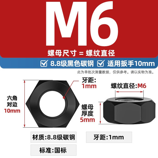 Tianzhuo Hardware National Standard Grade 4.8/Grade 8.8/Grade 12.9 Black Hexagonal Nut Iron Nut Plated Galvanized Nickel Screw Cap M2-M30 Black M6 (50 pieces) Grade 8.8