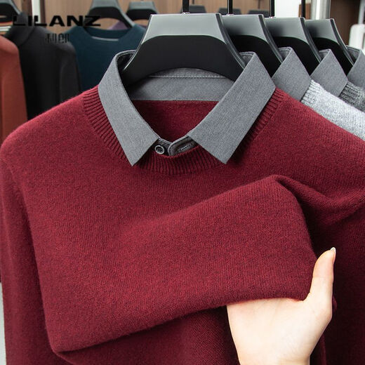 Lilan men's shirt collar fake two-piece woolen sweater round neck thickened casual top new middle-aged business sweater fake black thickened M (165)