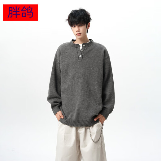 Fat Pigeon Fatty Large Size Henry Collar Sweater Men's Loose Lazy Feeling Lazy Style Knitted Sweater with Bottoming Shirt Dark Gray 5XL Recommended 200-230Jin Jin is equal to 0.5kg Can be worn