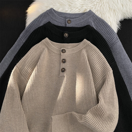 Xiaohongshu's popular cleanfit henley collar sweater for men, autumn and winter style lazy style sweater, American style cover, black, M, one size fits all