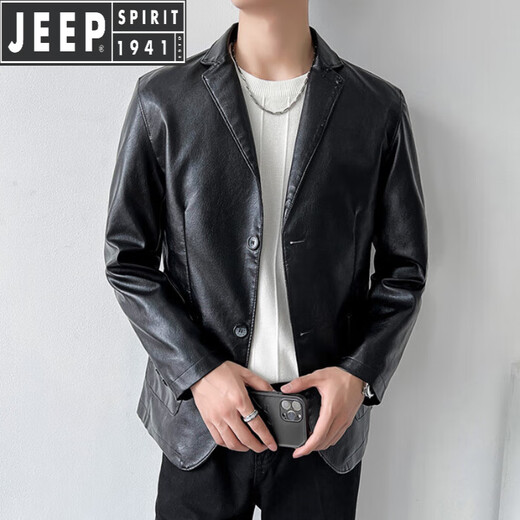 JEEP SPIRIT Jeep Haining imitation leather leather jacket men's autumn imitation sheepskin suit jacket slim casual single leather suit jacket black 2XL