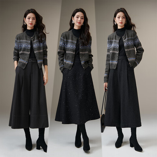 Late white 2025 winter style, popular this year with sheep wool Fair Isle sweater, short knitted cardigan for women, floral gray L