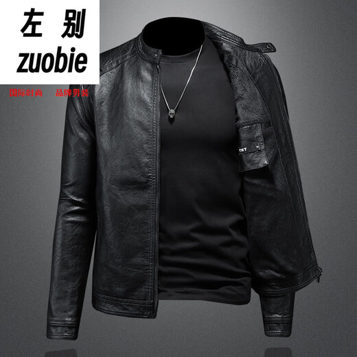 Left: Marvel Venom European and American stand-up collar plus velvet leather jacket for men's motorcycle rider autumn and winter new parka green leather jacket black M