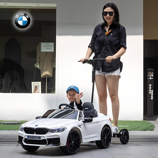 Haolaixi BMW children's electric car four-wheel car remote control toy car can sit and stand adults and children with swing baby stroller, top with blue + adult standing plate + remote control swing + soft wheel leather seat + push rod + Bluetooth
