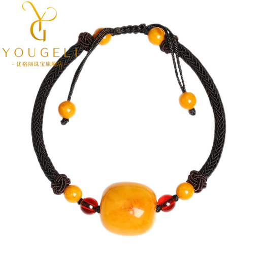 Yogurt Natural Chicken Fat Yellow Old Wax Beeswax Bracelet Braided Rope Men's and Women's Amber Raw Stone Bracelet Couple's Hand Accessories Old Wax Bracelet (18*18mm)