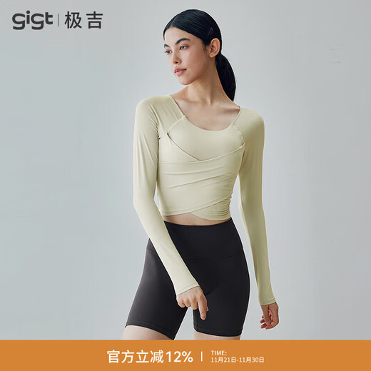 Gigt Jiji yoga wear women's long-sleeved autumn pleated waist slimming sports T-shirt with chest pad Pilates training wear milk coffee white M