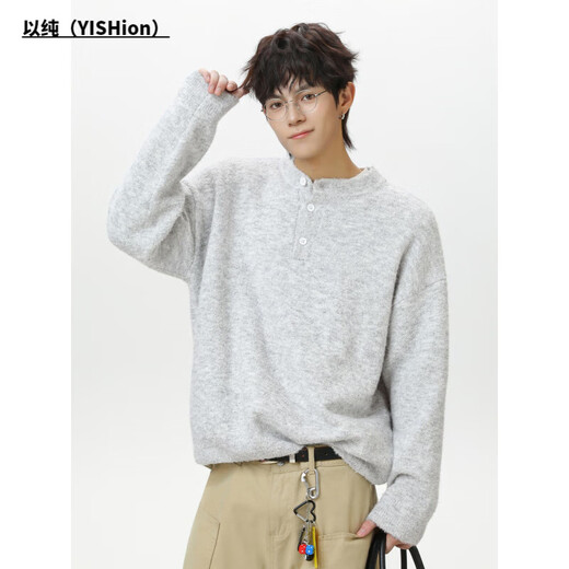 YISHion light luxury old money Henry collar polo sweater men's autumn and winter texture thickened warm sweater lazy wind sweater jacket charcoal gray M