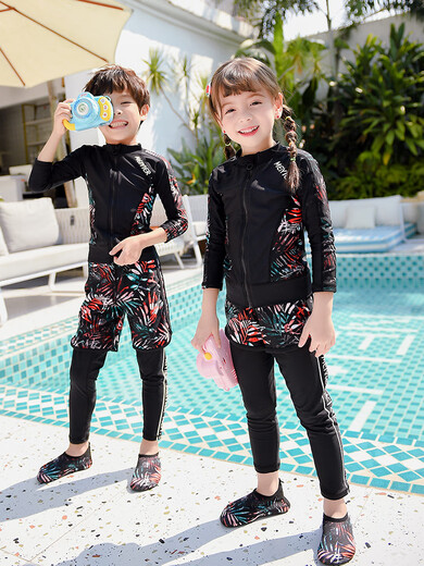 Parent-child children's long-sleeved swimsuit, women's split suit, warm diving suit, men's and women's, middle and large children's swimsuit, hot spring, women's adult (five-piece set), M one size fits all