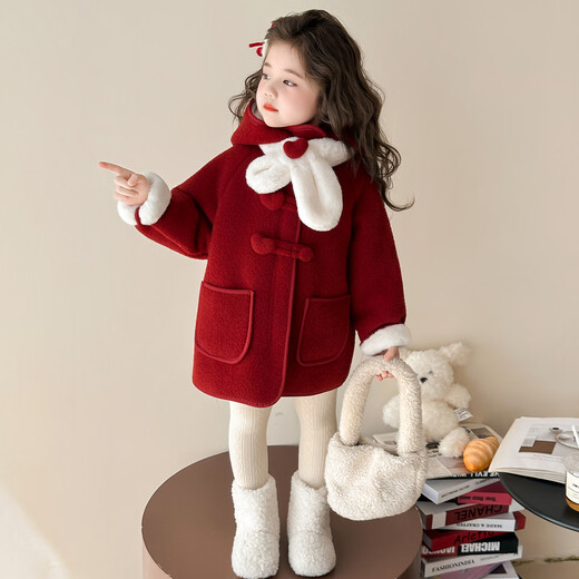 靓贝城堡女童加绒冬装外套2025新款洋气宝宝加厚保暖一体绒中长款呢大衣 红色带围巾 110