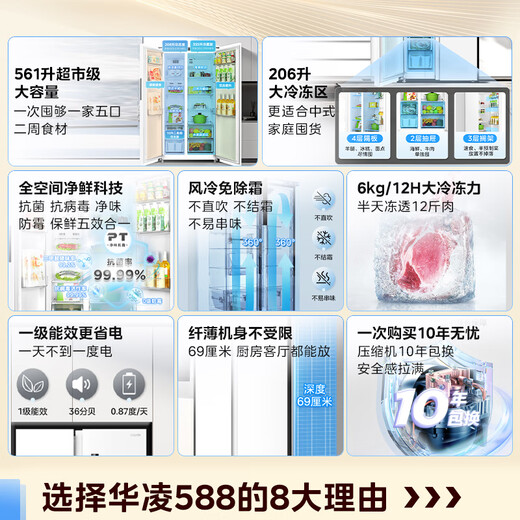 Hualing 561L air-cooled frost-free refrigerator produced by Midea, first-class energy efficiency side-by-side door, double frequency conversion, odor-free ultra-thin large-capacity refrigerator, national subsidy 20% 589/588 HR-588WKP