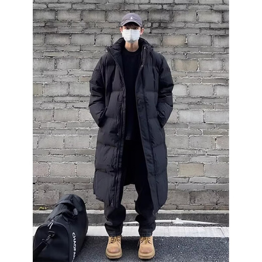 Maycaur black American hooded mid-length velvet cotton coat for men in winter thickened over the knee Northeast cold-resistant handsome coat black L _100-115Jin Jin equals 0.5 kg