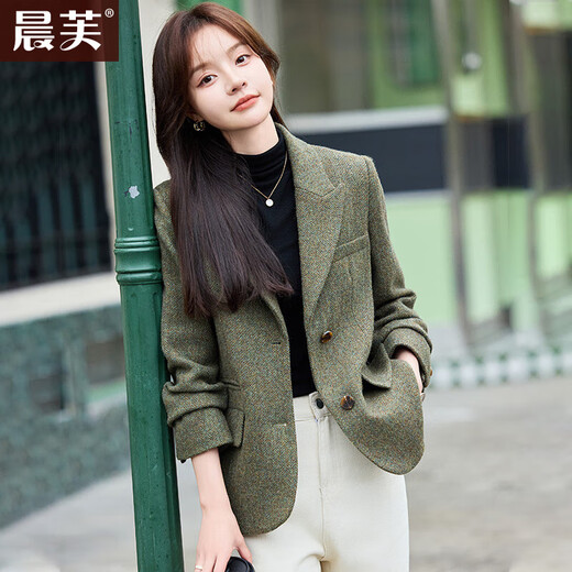 Chenfu woolen suit jacket for women in autumn and winter, small, fashionable, casual, retro temperament, high-end, thickened wool suit, two-button green suit XL, recommended 110-120 Jin Jin equals 0.5 kg