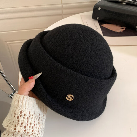 Hat Winter Hepburn Style Elegant Woolen Women's Autumn Style Knitted Fisherman Hat Warm and Versatile Black One Size (55-59cm)