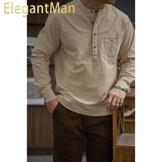 ElegantMan's workwear American retro cotton half-cardigan henley shirt with different color thread pocket shirt loose tough guy style men's winter apricot M