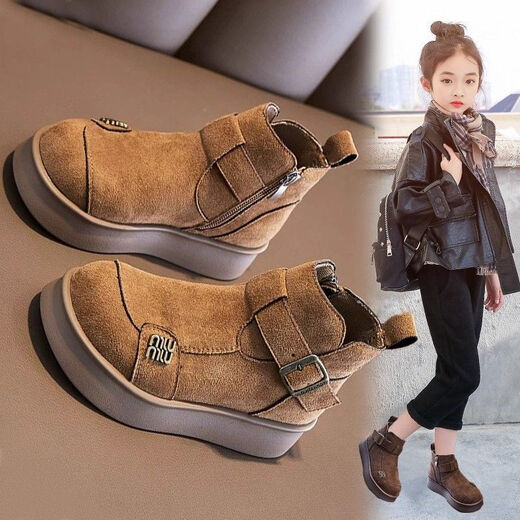 Children's velvet boots and short boots 2025 new autumn and winter girls' middle and older children's Martin trendy British Birkenstock cotton shoes coffee color* flagship version factory craftsmanship 34 yards inner length 20.7CM