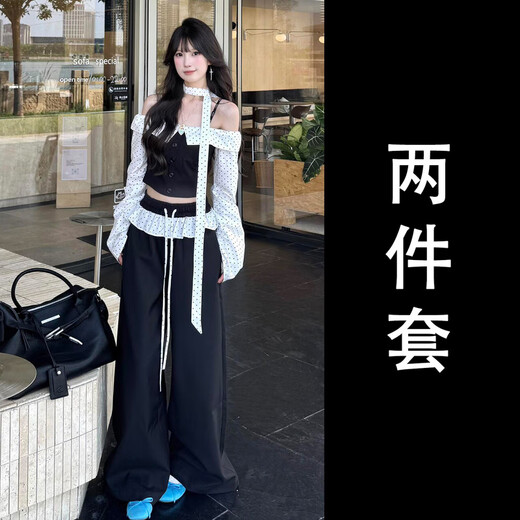 Apocalypse Century Black Polka Dot One Shoulder Long Sleeve Top Women's Early Autumn Tube Top Hot Girl Wide Leg Pants Suit Black Suit S 40/45kg